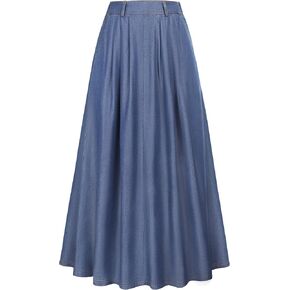 Lightweight Long Denim Skirts for Women A-line Jean Maxi Casual Skirt with Pockets Elastic Waist