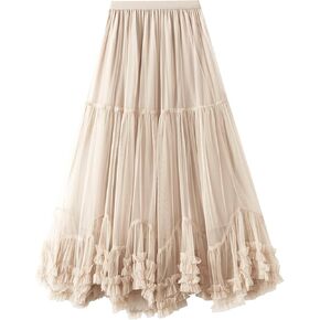تنورة Flygo للنساء Maxi Tulle Tiered Tiered Tier A Line Mesh Tutu Fairy High Flastic Cerast