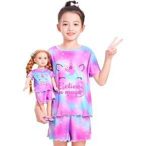 ICOSY Matching Doll & Girls Pajamas Set 2 PCS Kids Pajamas Top and Shorts for American 18" Doll Girl Clothes
