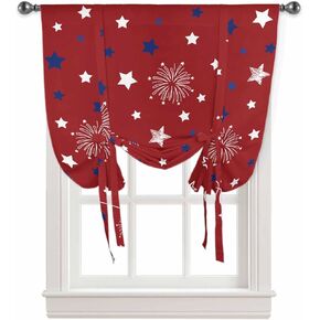 Memorial Day Tie Up Curtains for Kitchen Windows,White Blue Star on Red Adjustable Balloon Shade Curtain Panel Rod Pocket Drapes for Small Window Decor 34" Wx45 L,Patriotic Liberty Celebration