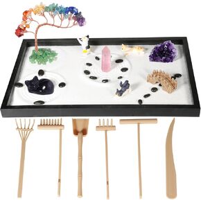 Zen Garden for Desk, with Crystals and Healing Stones & Cat Figurines, Miniature Meditation Sand Garden Stress Relief Desk Decor, Tools for Relaxation and Mindfulness