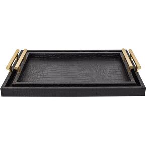 Set of 2 Modern Elegant Large Wood Serving Tray, Rectangle Decorative Tray Ottoman Tay Coffee Table Tray, Black Crocodile Leather with Gold Polished Metal Handles