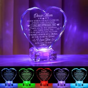 Unique Mom Gifts, Love Crystal Gifts for Mothers Day Birthday, Engraved Crystal Heart with Rechargeable Color-Changing LED Base, Perfect Mother's Day for Mom from Daughter Son