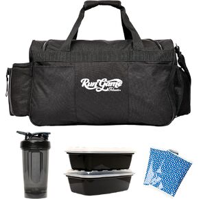 Cooler Gym Bag with 2x Gel Packs, Meal Prep Containers, and 1x Shaker Bottle - Insulated Cooler Compartment, Storage, and Mesh Pockets - Perfect for Gym & Traveling
