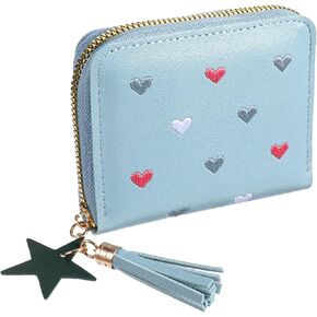 Women's Wallet with Zipper PU Leather Small Wallet with Card Slots Cute Heart Embroidery Wallet with Star Tassels Pendant Compact Credit Card Holder for Women, Travel, Daily Use(Blue)