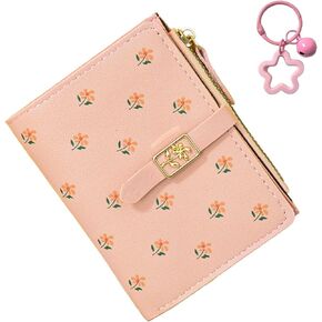 Girls Wallet, Cute Flowers Small Wallet for Kids with Credit Card Holder Cash Slot ID Window Zipper Coin Pocket, PU Leather Purses for Girls Women, with A Flower keychain