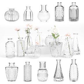 Gather & Bloom Creations Glass Bud Vases for Centerpieces Set of 10 Clear Bud Vases in Bulk Decor w/Unique Vintage Vases Shapes Sizes - Wedding Mini Vase, Small Vases for Flowers