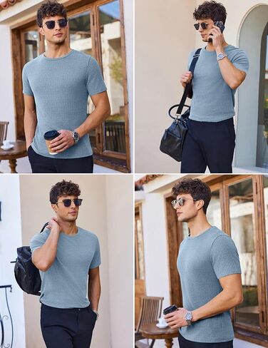 Ekouaer Men's Knit T-Shirts Short Sleeve Casual Ribbed Shirts Lightweight Crewneck Tees Stretchy Undershirts S-XXL in Kuwait