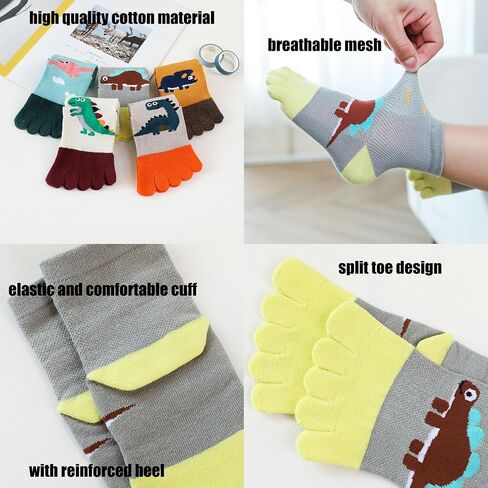 2 Pairs Cotton Five Finger Toe Socks Athletic Running Breathable Mesh Dinosaur Dress Socks for Kids Boys Girls 2-9 Years in Saudi Arabia