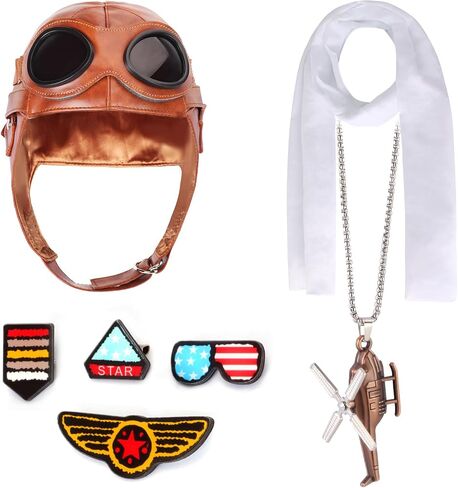 Kyson Kids Aviator Costume Leather Aviator Hat With Goggles Scarf Brooch Necklace for Boy Girl Halloween Aviation Theme Party in Saudi Arabia