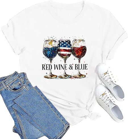 Patriotic T-Shirts for Women Red White and Blue 4th of July Shirt American Flag Wine Glass Graphic Tee Tops in Saudi Arabia