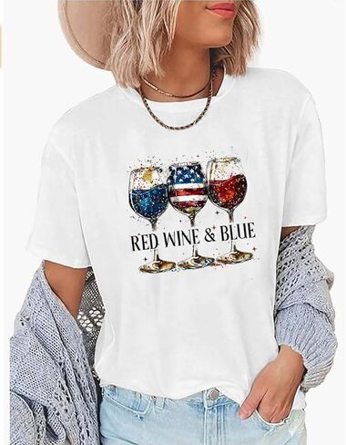 Patriotic T-Shirts for Women Red White and Blue 4th of July Shirt American Flag Wine Glass Graphic Tee Tops in Saudi Arabia