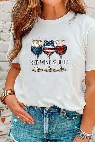 Patriotic T-Shirts for Women Red White and Blue 4th of July Shirt American Flag Wine Glass Graphic Tee Tops in Saudi Arabia