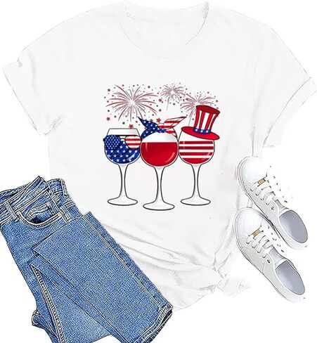 Patriotic T-Shirts for Women Red White and Blue 4th of July Shirt American Flag Wine Glass Graphic Tee Tops in Saudi Arabia