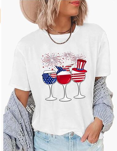 Patriotic T-Shirts for Women Red White and Blue 4th of July Shirt American Flag Wine Glass Graphic Tee Tops in Saudi Arabia