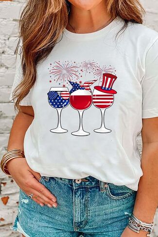 Patriotic T-Shirts for Women Red White and Blue 4th of July Shirt American Flag Wine Glass Graphic Tee Tops in Saudi Arabia