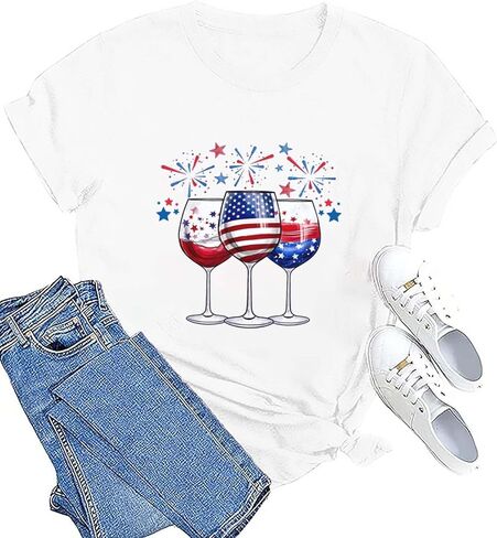 Patriotic T-Shirts for Women Red White and Blue 4th of July Shirt American Flag Wine Glass Graphic Tee Tops in Saudi Arabia