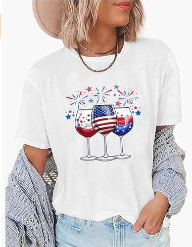 Patriotic T-Shirts for Women Red White and Blue 4th of July Shirt American Flag Wine Glass Graphic Tee Tops in Saudi Arabia