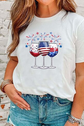 Patriotic T-Shirts for Women Red White and Blue 4th of July Shirt American Flag Wine Glass Graphic Tee Tops in Saudi Arabia