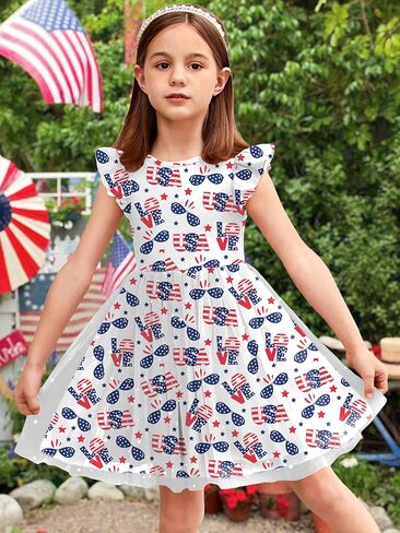 Kids USA Dress for Girls 4th of July Dresses American Flag Skirts Patriotic Tulle Dress Independence Day Outfit 4-10y in Kuwait
