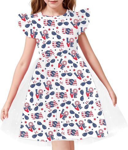 Kids USA Dress for Girls 4th of July Dresses American Flag Skirts Patriotic Tulle Dress Independence Day Outfit 4-10y in Kuwait