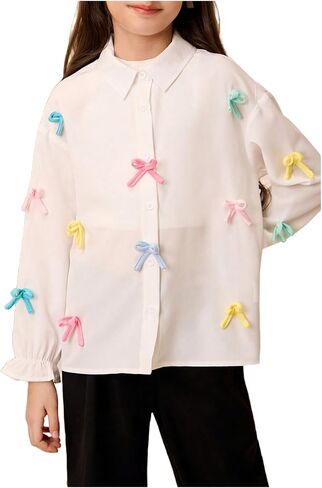 WDIRARA Girl's Bow Button Down Blouses Long Sleeve Collar Shirt Ruffle Cute Tops in Saudi Arabia