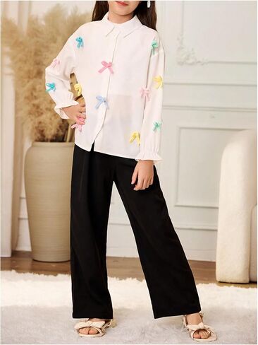 WDIRARA Girl's Bow Button Down Blouses Long Sleeve Collar Shirt Ruffle Cute Tops in Saudi Arabia