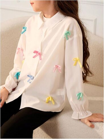 WDIRARA Girl's Bow Button Down Blouses Long Sleeve Collar Shirt Ruffle Cute Tops in Saudi Arabia