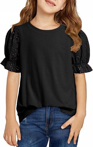 Girls Summer Shirts Cute Hollow Out Puff Short Sleeve Tops Casual Crewneck Tee Blouse 6-15 Years in Saudi Arabia