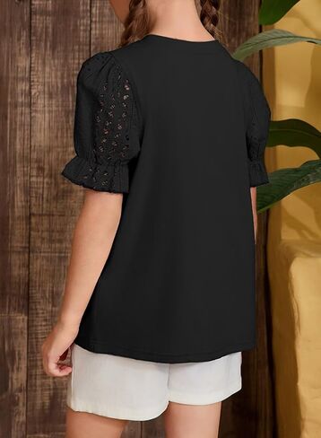Girls Summer Shirts Cute Hollow Out Puff Short Sleeve Tops Casual Crewneck Tee Blouse 6-15 Years in Saudi Arabia