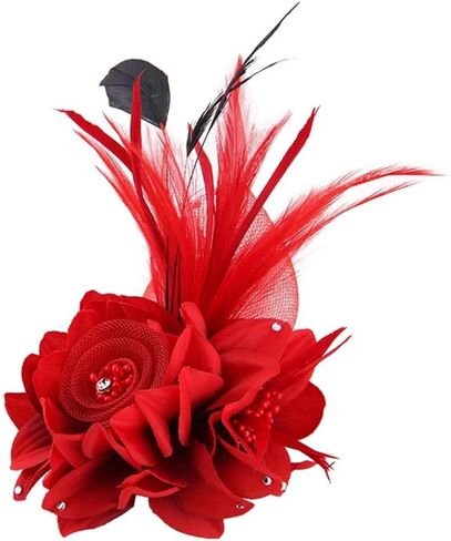 Song Qing Women's Fascinator Feather Flower Hair Clip Pin Brooch Corsage Bridal Hairband Derby Hat Cocktail Party Wedding (A01 Red) in Kuwait