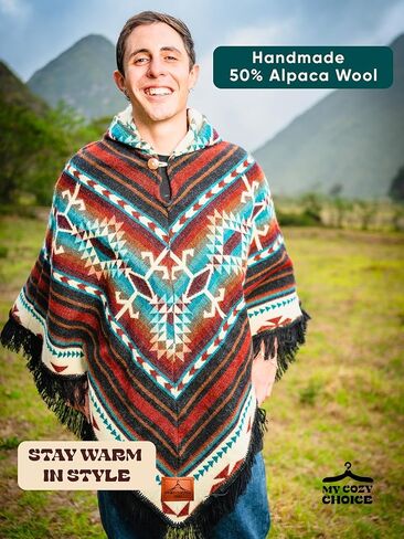 Adult Ponchos with Hood for Men – Alpaca Mens Poncho with Hood – Ponchos for Men – Traditional Alpaca Poncho in Kuwait