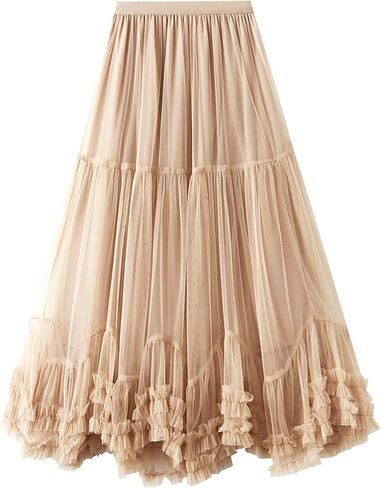 Flygo Women's Maxi Tulle Skirt Long Tiered A Line Mesh Tutu Fairy High Elastic Waist Pleated Layered Skirts in Kuwait