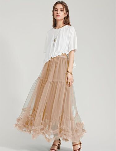 Flygo Women's Maxi Tulle Skirt Long Tiered A Line Mesh Tutu Fairy High Elastic Waist Pleated Layered Skirts in Kuwait
