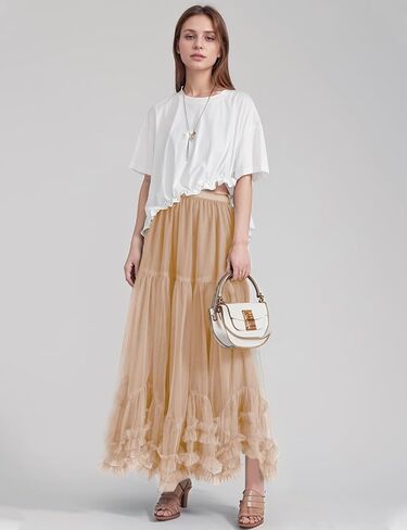 Flygo Women's Maxi Tulle Skirt Long Tiered A Line Mesh Tutu Fairy High Elastic Waist Pleated Layered Skirts in Kuwait