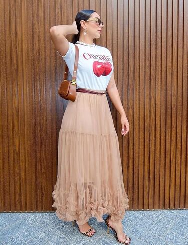 Flygo Women's Maxi Tulle Skirt Long Tiered A Line Mesh Tutu Fairy High Elastic Waist Pleated Layered Skirts in Kuwait