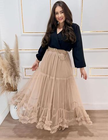 Flygo Women's Maxi Tulle Skirt Long Tiered A Line Mesh Tutu Fairy High Elastic Waist Pleated Layered Skirts in Kuwait