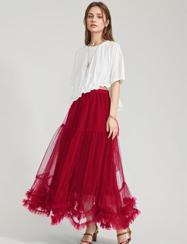 Flygo Women's Maxi Tulle Skirt Long Tiered A Line Mesh Tutu Fairy High Elastic Waist Pleated Layered Skirts in Kuwait