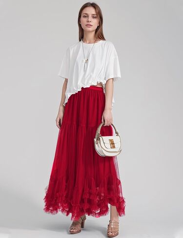 Flygo Women's Maxi Tulle Skirt Long Tiered A Line Mesh Tutu Fairy High Elastic Waist Pleated Layered Skirts in Kuwait