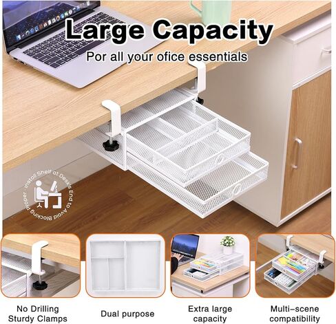 Mesh Desk Organizer and Clamp-on Swivel Pencil Drawer, Desk Hidden Extra Sturdy C-Clamp Mount System and Easy to Instal, Home Office Art Supply Storage Box (Black) in Saudi Arabia