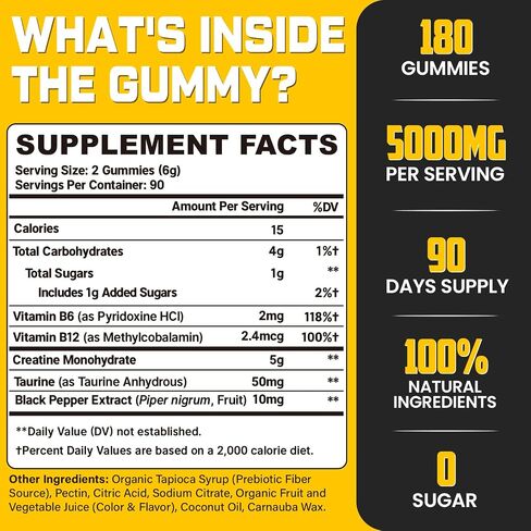 (180 Count) Creatine Monohydrate Gummies for Men & Women - Sugar Free, Creatine Pre Workout Gummies for Muscle Builder, Muscle Strength, Recovery, Endurance, Energy, Creatine for Women & Men, Vegan in Saudi Arabia