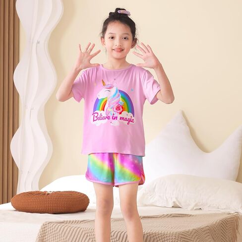 ICOSY Girls Pajamas for Kids Pajamas Toddler Girls 2 PCS Short Sleeve Top and Shorts Clothes in Kuwait