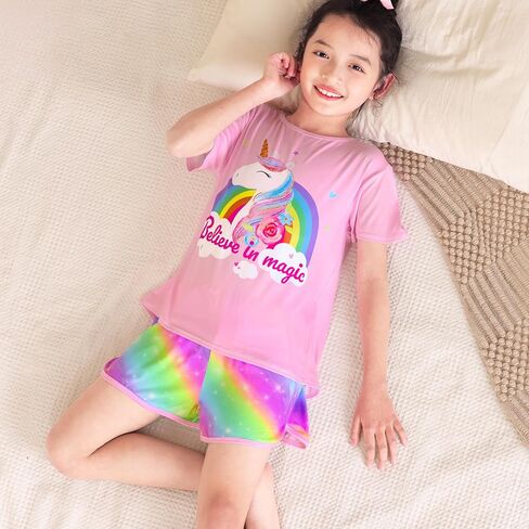ICOSY Girls Pajamas for Kids Pajamas Toddler Girls 2 PCS Short Sleeve Top and Shorts Clothes in Kuwait