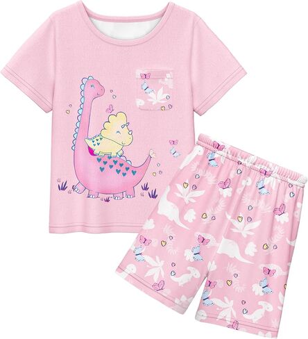 LQSZ Girls Pajamas Set Summer Girl Toddler PJs Short Sleeves Sleepwear for Little Kids with Pocket 2-12 Years in Saudi Arabia