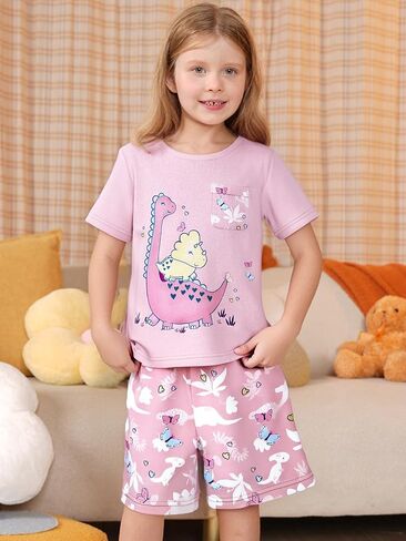 LQSZ Girls Pajamas Set Summer Girl Toddler PJs Short Sleeves Sleepwear for Little Kids with Pocket 2-12 Years in Saudi Arabia