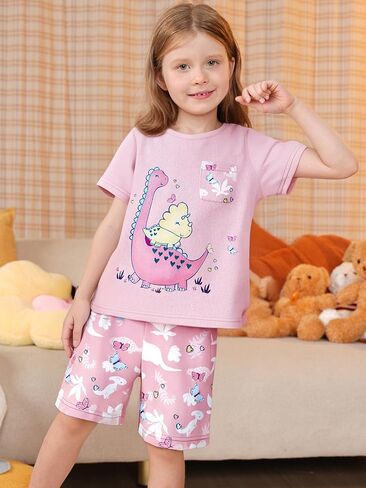 LQSZ Girls Pajamas Set Summer Girl Toddler PJs Short Sleeves Sleepwear for Little Kids with Pocket 2-12 Years in Saudi Arabia