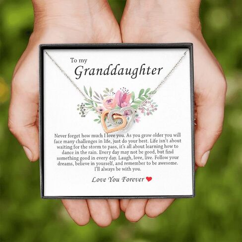 To My Granddaughter, Interlocking Heart Necklace Granddaughter Gift, Sentimental Message Card with Gift Box for Her, Best Gift for Birthday Graduation Christmas Day, Granddaughter Present from Grandma from Grandpa in Saudi Arabia