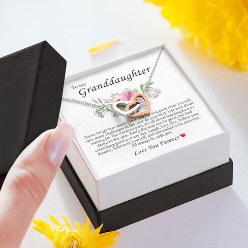 To My Granddaughter, Interlocking Heart Necklace Granddaughter Gift, Sentimental Message Card with Gift Box for Her, Best Gift for Birthday Graduation Christmas Day, Granddaughter Present from Grandma from Grandpa in Saudi Arabia