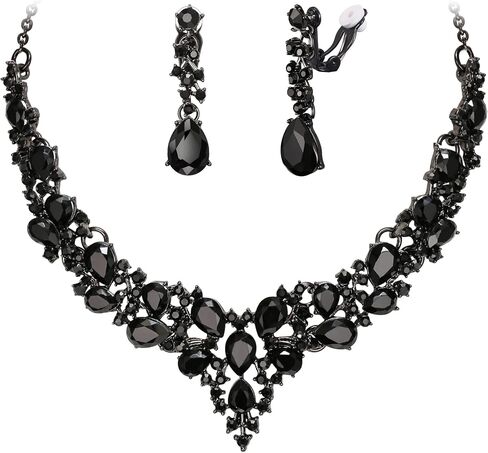 BriLove Alloy Crystal Teardrop Cluster Statement Necklace Clip-on Earrings Set in Saudi Arabia