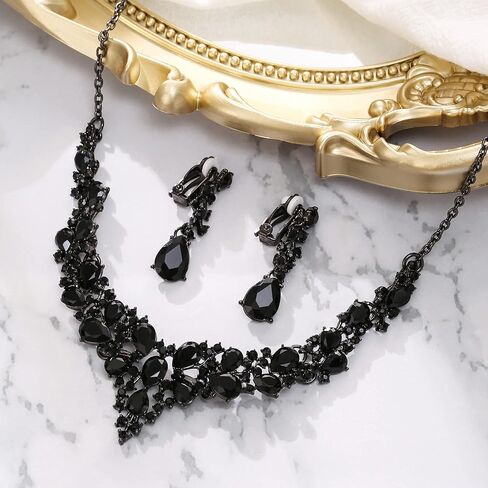 BriLove Alloy Crystal Teardrop Cluster Statement Necklace Clip-on Earrings Set in Saudi Arabia